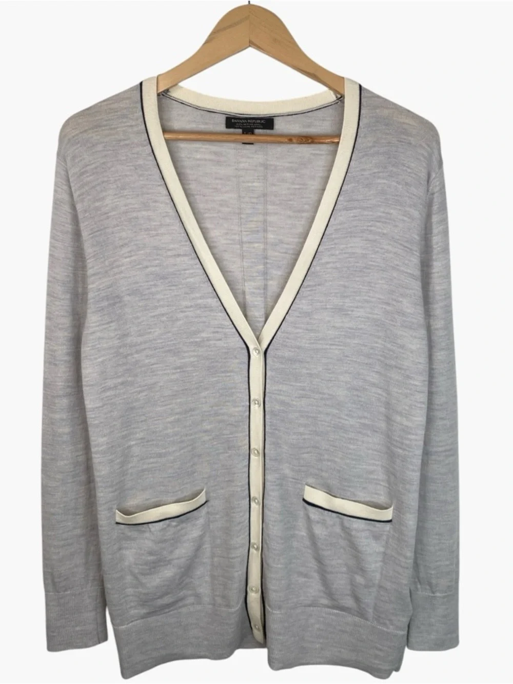 BANANA REPUBLIC 100% Merino Wool Cardigan - Heathered Gray/Cream- Size S - Picture 2 of 5